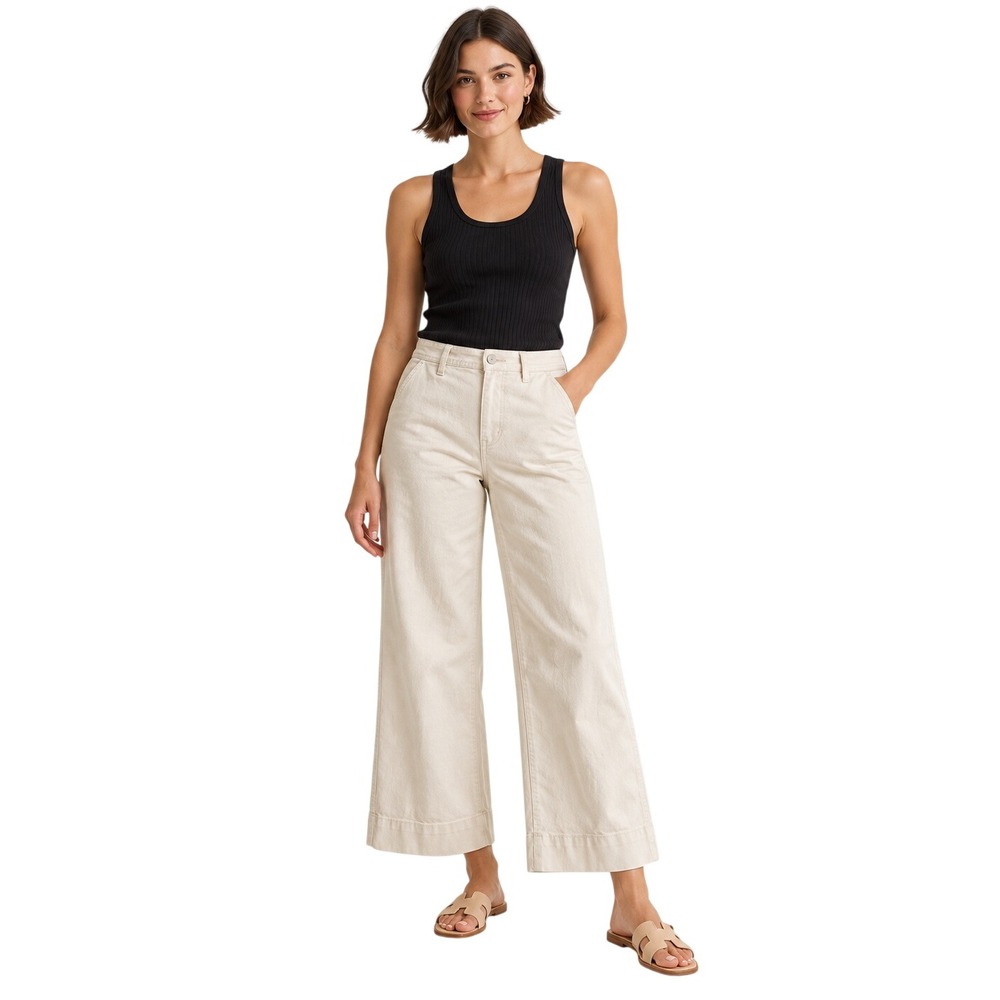 Marine Layer Bridget Wide Leg Crop Pants Size 8 Ivory High Rise Cotton Twill